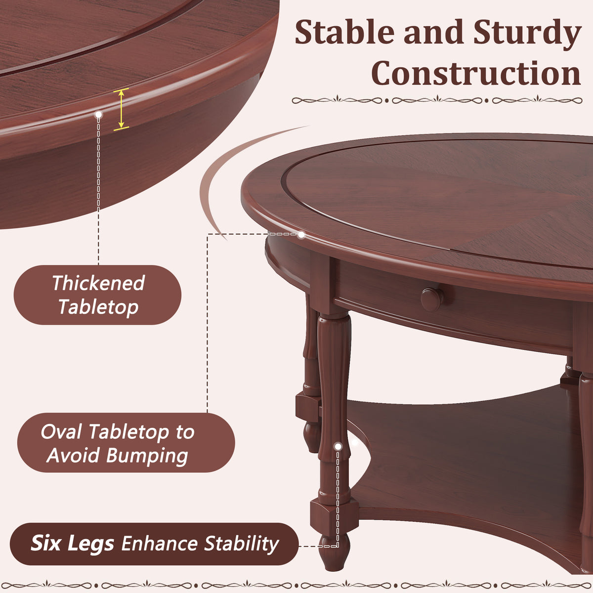 Vintage Oval Coffee Table with Drawer and Storage Shelf, Antique Cocktail Table in 45", French Country Accent Table for Living Room, Cherry (old sku: N735P277388)