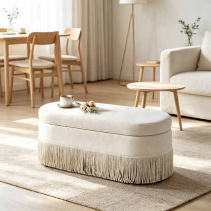 Oval Upholstered Storage Ottoman with Fringe Trim & Lift-Top Lid - 39"L x 16"W x 17"H, Multi-Functional Footrest & Hidden Storage for Living Room or Bedroom - Beige Fabric with Metal Frame