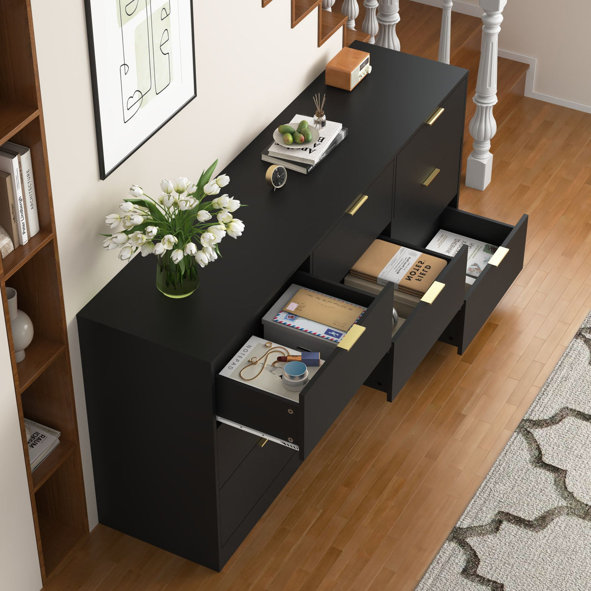 Black 9 Drawer Dresser, 63" Large Deep Chest of Drawers, Wooden Dresser Storage Cabinet with 9 Drawers, Long Dressers