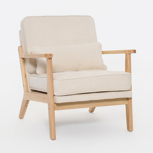 Mid-Century Modern Lounge Chair Single, Living Room Chair with Lumbar Pillow and Straight Wood Armrests, Accent Chair for Living Room, Bedroom, Indoor, Beige