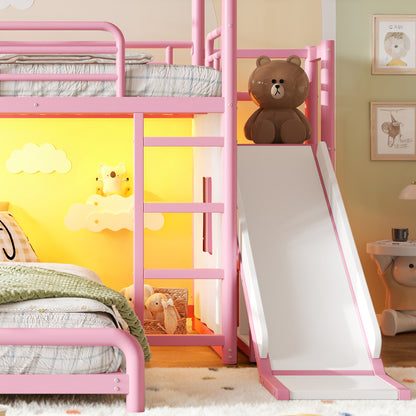 Twin over Full Playhouse Metal Bunk Bed with Slide & Ladder, House Shaped Bunk Bed with LED Light Strip, Privacy Curtain, Movable Storage Cabinet and Hanging Rod, Twin over Full Kids Bunk Bed , Pink