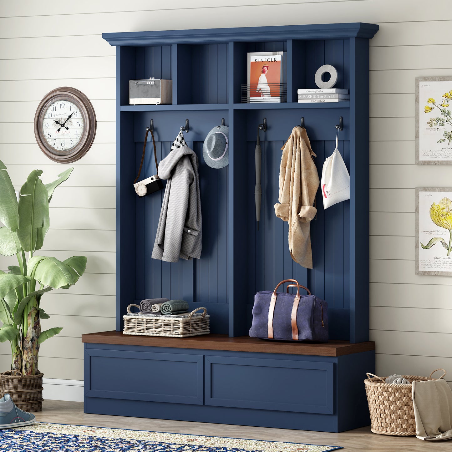 Farmhouse 4-in-1 Hall Tree with Wood Grain Bench, Mudroom Versatile Coat Rack with 2 Large Drawer, Entrance Organizer for Hallway, Living Room, Blue, 55.9'W (OLD SKU: N721P313099C)