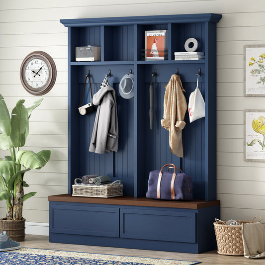 Farmhouse 4-in-1 Hall Tree with Wood Grain Bench, Mudroom Versatile Coat Rack with 2 Large Drawer, Entrance Organizer for Hallway, Living Room, Blue, 55.9'W (OLD SKU: N721P313099C)
