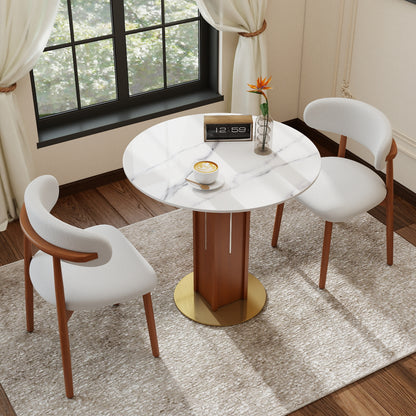 Φ850mm round rock plate, 12mm white desktop, walnut pillar, gold hardware base, 2 - person kitchen table for small space, 150lbs weight capacity(Only the Negotiation Table)
