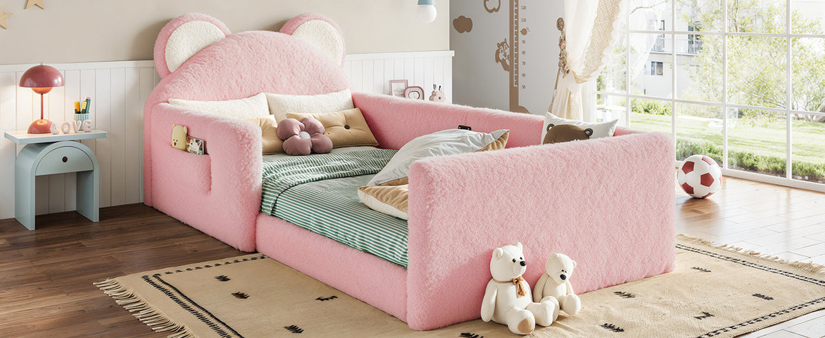 Twin Upholstered Kids Bed, Cute BearShaped Upholstered Floor bed, Children Bed Frame with Removable MagicTape Headboard, Low Floor Bed for Kids,White&Pink