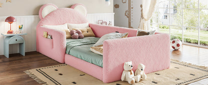 Twin Upholstered Kids Bed, Cute BearShaped Upholstered Floor bed, Children Bed Frame with Removable MagicTape Headboard, Low Floor Bed for Kids,White&Pink