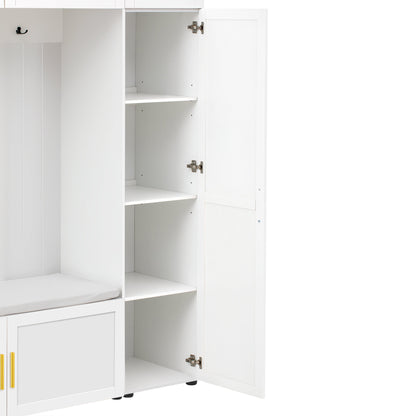 U-Can American Style 4-in-1 Hall Tree with Padded Bench, 4 Hooks, and Multi-Tier Storage Shelves – White