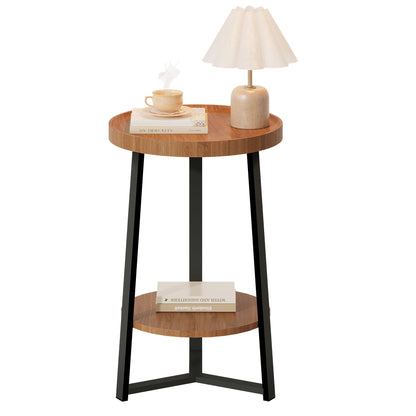 End Table with Storage, 2-Tier Small Round Side Table, Farmhouse Accent Table & Nightstand for Living Room, Bedroom & Small Spaces, Wood Top, Black Metal Frame, Brown