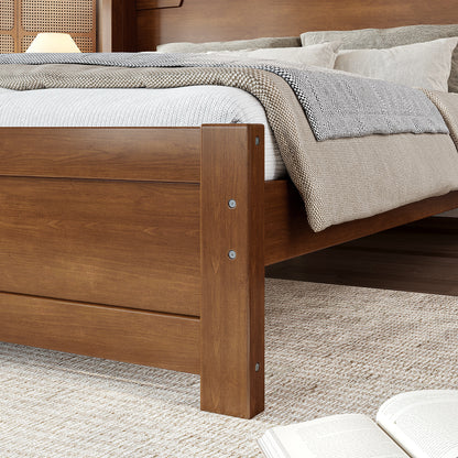 Queen Solid Wood Platform Bed with Headboard Brown Finish & Minimalist Design, Easy Assembly, No Box Spring Needed Traditional Wood Bed Frame.Brown