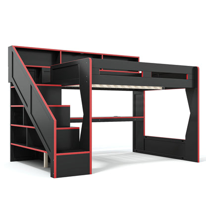 Queen Size Gaming Loft Bed with Storage Stair & Open Headboard Shelves, LED Light & USB Charging Desk, Elevated Loft Bed Frame with House-Shaped Cutout Design for Gamers,Black&Red