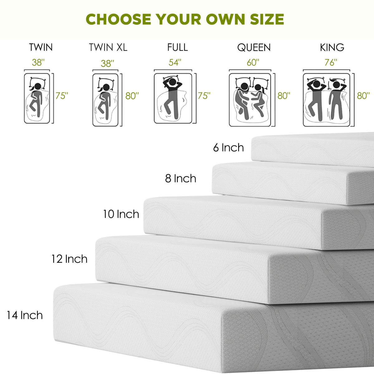 King Size Memory Foam Mattress, 12 Inch Bed Mattress, with Cooling Green Tea Gel, CertiPUR-US Certified, White
