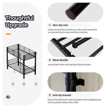 Twin Over Twin Metal Bunk Bed, 2-Inch Heavy-Gauge Tubing, Detachable 2-in-1 Platform Beds with Safety Rails & Wide Ladder, Quiet & Stable Frame Perfect for Small Rooms, Kids and Adults, Black