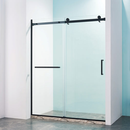 56-60'W x 75'H Semi-Frame Single Sliding Shower Door, 304 Stainless Steel in Matte Black, 5/16' (8mm) Thick SGCC Tempered Clear Glass.