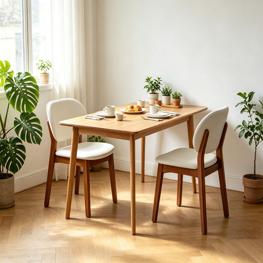Mid‑Century Modern Dining Chairs Set of 2, Solid Rubber Wood Dining Side Chairs with Cream White PU Upholstered Cushion, 300 LBS Weight Capacity, Ergonomic Curved Backrest, for Kitchen Dining Room