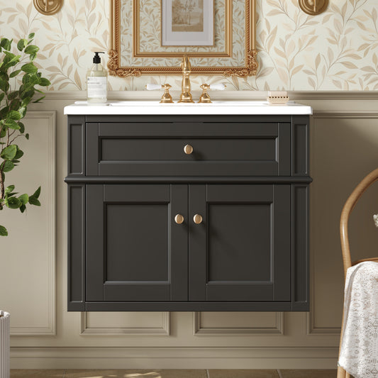 24" Wall Mounted Modern Bathroom Vanity with Tip Out Drawer & Soft-Close Hinges, Bathroom Cabinet with Back Open Structure, 2 Doors, Bathroom Vanity Cabinet with Single Ceramic Sink
