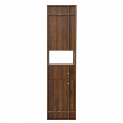Tall Narrow Storage Cabinet, Wooden Freestanding Bookshelf with Doors & drawer, Slim Display Bookcase for Living Room, Bedroom, Home Office