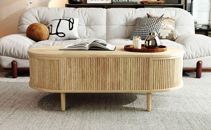 U-Can Minimalist Oval Lift-Top Coffee Table with Hidden Storage and Wood Wave Grain Finish