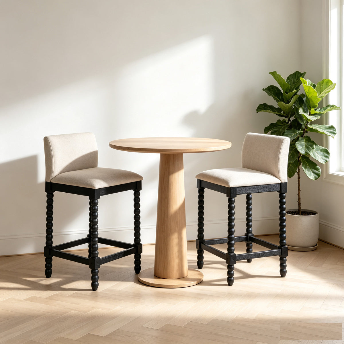 Farmhouse Coastal Counter Stools Set of 2,  Rubberwood Bobbin Legs, Linen-Like Upholstered Bar Stool with Backrest, 300 LBS Capacity Kitchen Island Stools