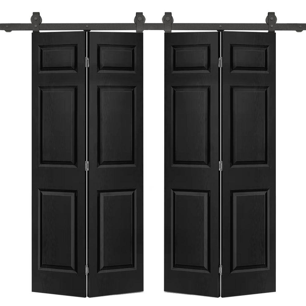 48 in. x 80 in. 6-Panel Black Painted MDF Composite Double Bi-Fold Barn Door with Sliding Hardware Kit