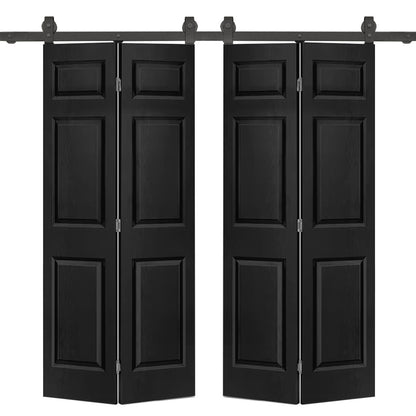 48 in. x 80 in. 6-Panel Black Painted MDF Composite Double Bi-Fold Barn Door with Sliding Hardware Kit