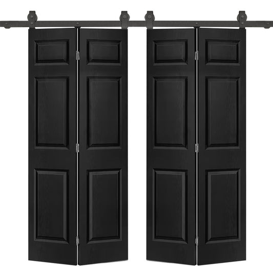 48 in. x 80 in. 6-Panel Black Painted MDF Composite Double Bi-Fold Barn Door with Sliding Hardware Kit