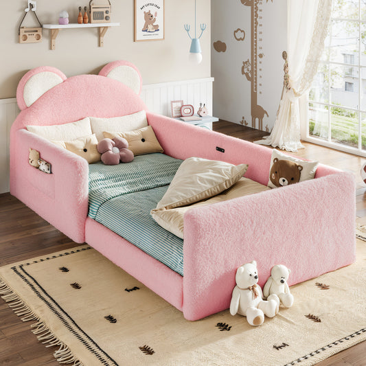 Twin Upholstered Kids Bed, Cute BearShaped Upholstered Floor bed, Children Bed Frame with Removable MagicTape Headboard, Low Floor Bed for Kids,White&Pink