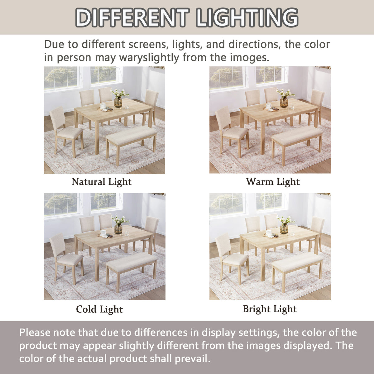 6 Piece Dining Table Set with Bench, Wooden Rectangular Kitchen Table Set with Bench and 4 Upholstered Chairs, Light Oak & Beige