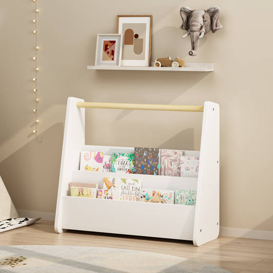 Kids Bookshelf with Wooden Handle, 2-Tier Front-Facing Toddler Bookcase, Portable Children's Book Storage Organizer, or Classroom, White