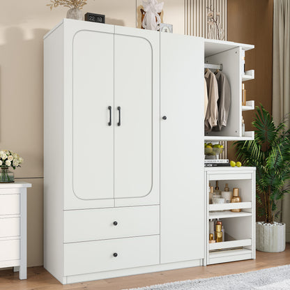 Multifunctional Wardrobe with 2 Doors and Hanging Rod, Wooden clothes closet with Convertible Desk and Storage Drawers – Model W1580S00475