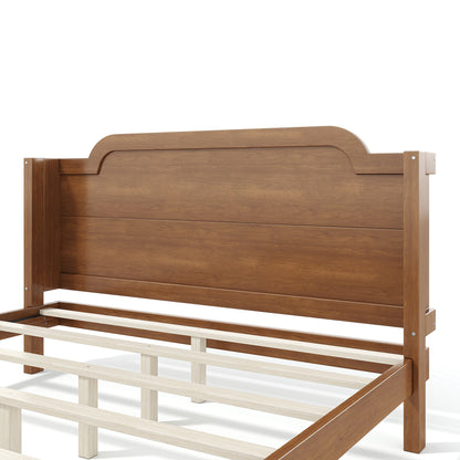 Queen Solid Wood Platform Bed with Headboard Brown Finish & Minimalist Design, Easy Assembly, No Box Spring Needed Traditional Wood Bed Frame.Brown
