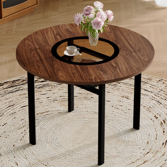 42 inch modern minimalist brown wood grain round dining table suitable for 4-6 people (brown glass inlay+metal stable bracket, suitable for multiple scenarios).