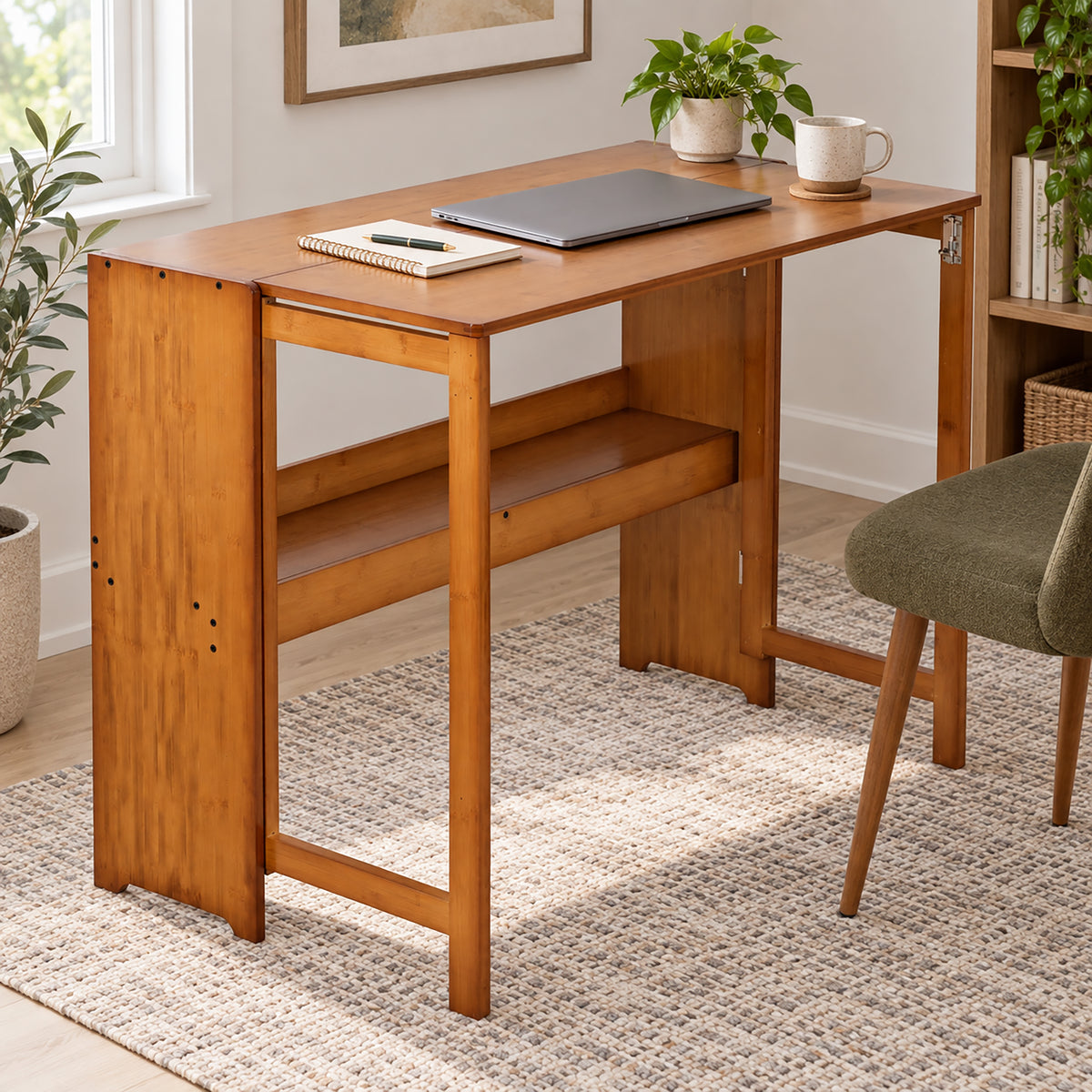 Bamboo Folding Desk,Space-Saving Computer Desk for Small Spaces, Foldable Study Table for Bedroom, Home Office, Dorm, Apartment (BROWN)