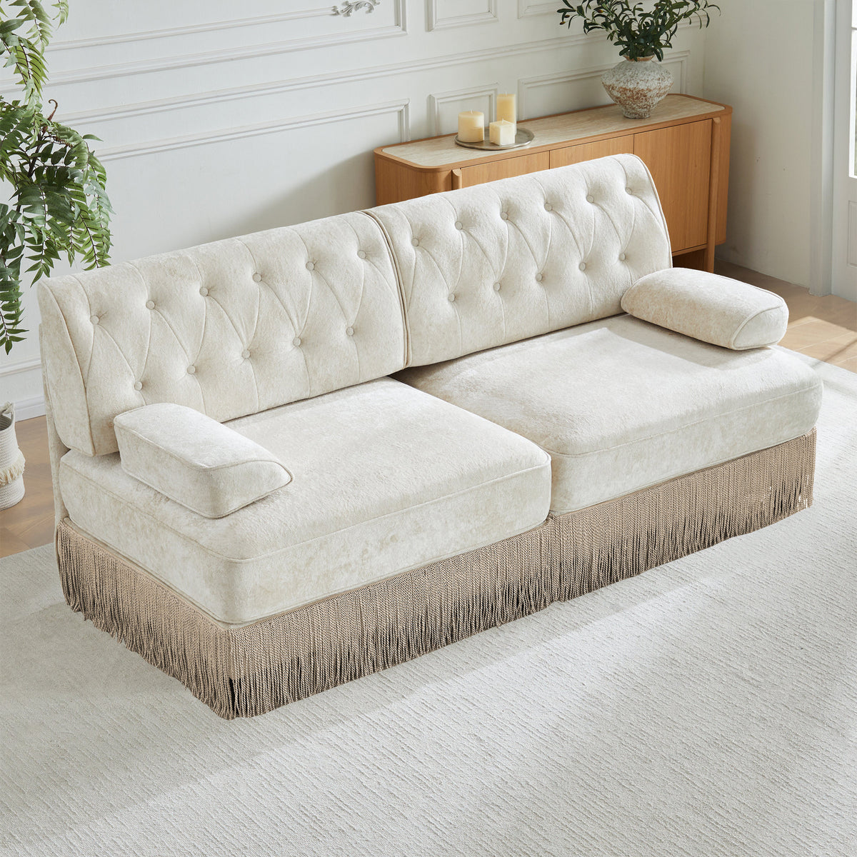 Soft Velvet Fabric Chesterfield Style Sofa, Button Tufted Design, Floor-grazing Tassel Fringe Skirt, Easy to Assemble, Free Combination