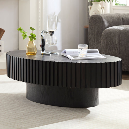 Modern Handcraft Drum Coffee Table Length 43.7 inch Ellipse Coffee Table, Oval Small Coffee Table with Sturdy Pedestal, Black MDF