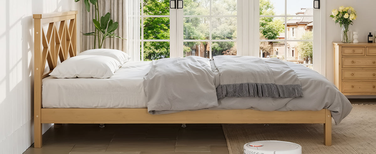 Queen Platform Bed with ''X'' Design Headboard, Bamboo-made Bed Frame Queen Size with Suppport Slats, Mid-century Style, Natural