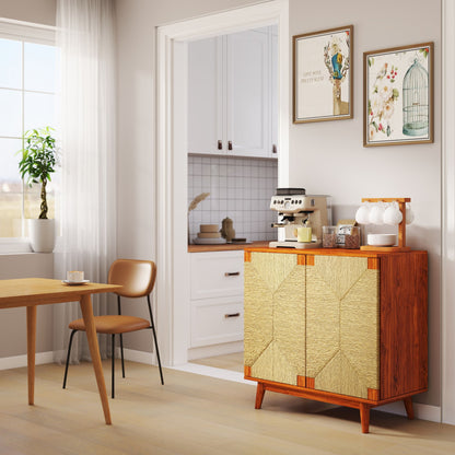 Mid Century Boho Freestanding Accent Cabinet, Handmade Paper Rope Woven Push-to-Open Double Doors, , Adjustable  Shelf, Sideboard Storage Cabinet for Kitchen Entryway  Living Room