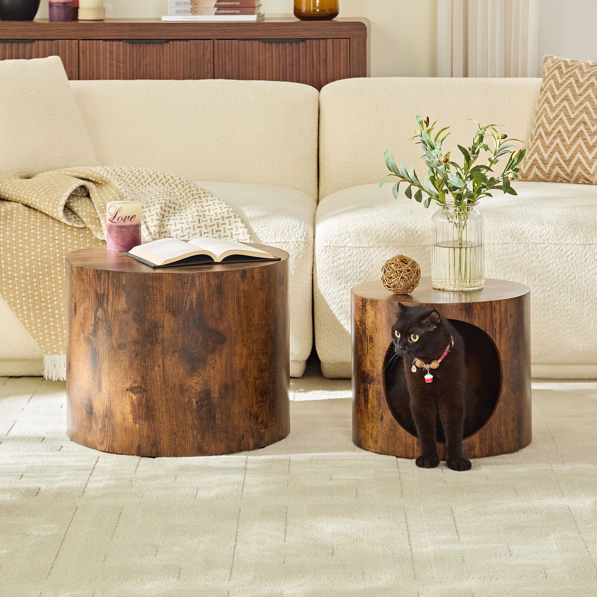 Cat Nest Nesting Stool Set Round Nesting Coffee Table Set of 2 for Living Room,No Assembly Dark Brown