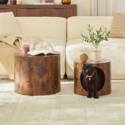 Cat Nest Nesting Stool Set Round Nesting Coffee Table Set of 2 for Living Room,No Assembly Dark Brown