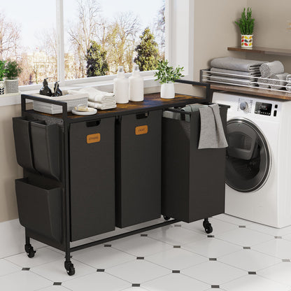 3 Section Laundry Hamper, Laundry Sorter with Wheels, Laundry Basket Organizer with Shelf & 3 Pull-Out Removable Bags, Dirty Clothes Hamper Organizer for Laundry Room Bathroom Dorm ,39.6 gallons(150L)