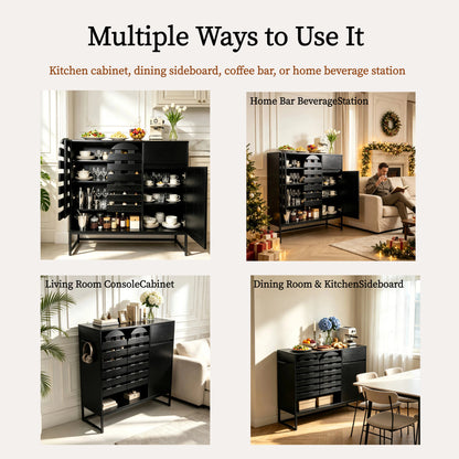 Buffet Cabinet with Storage: 44.49"Black Woven Door Accent Cabinets,with Arched Doors,with Multi layer Adjustable,with Metal Leg,woven door and drawer - for Kitchen Living Dining Room Entryway
