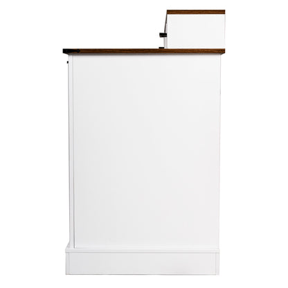 White Farmhouse Office Desk with Charging Station, Monitor Stand & Storage Cabinet, Barn Door Design, MDF, 59.5' L x 21' W x 35.8' H