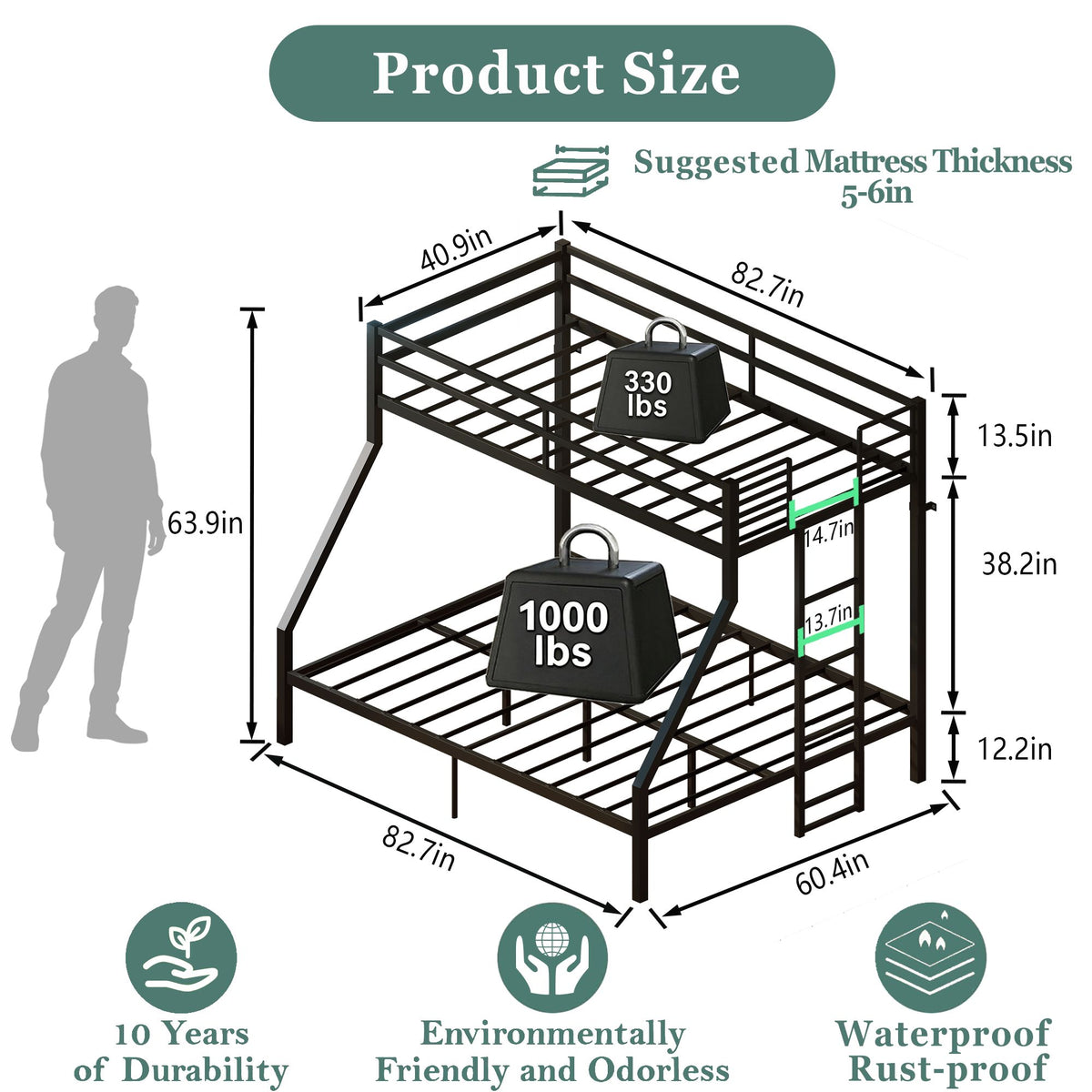Heavy Duty Twin Over Queen Bunk Bed, Sturdy Metal Bunk Bed Frame with Flat Ladder & Full-Length Guardrail, 1000 lbs Capacity, Noise-Free, Easy Assembly, Space-Saving Industrial Bunk Beds , Black