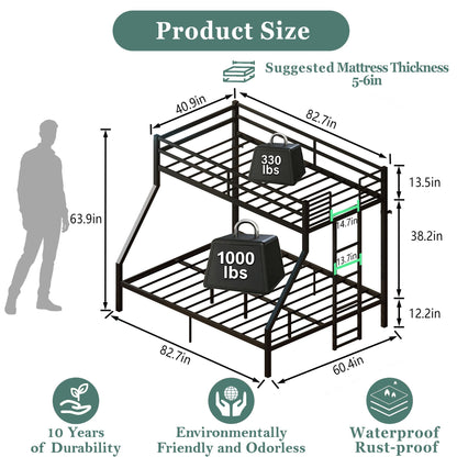 Heavy Duty Twin Over Queen Bunk Bed, Sturdy Metal Bunk Bed Frame with Flat Ladder & Full-Length Guardrail, 1000 lbs Capacity, Noise-Free, Easy Assembly, Space-Saving Industrial Bunk Beds , Black