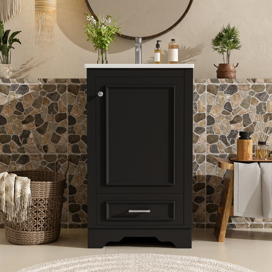 20-inch Bathroom Vanity with Ceramic Sink, One Drawer, Freestanding Single Vanity Set with Soft Closing Door, Adjustable Shelf, Modern Style, Black.