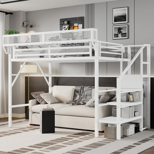 Twin XL Size Loft Bed with Stairs, Metal Full Loft Bed with Storage Shelves, High Loft Bed with Wardrobe for Kids Teens,White(Old Sku W2580S00050)