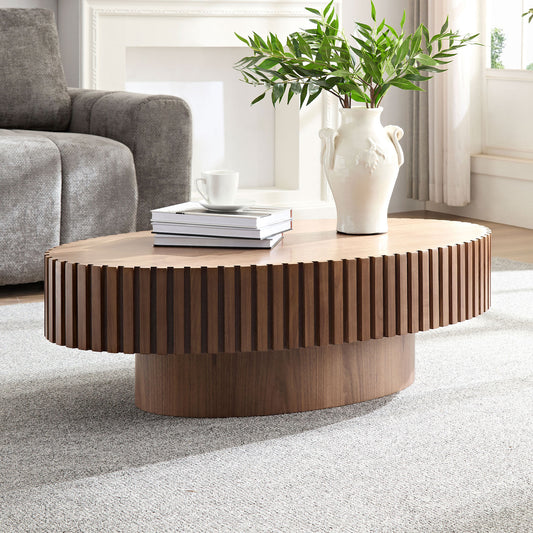 Modern Handcraft Drum Coffee Table Length 43.7 inch Ellipse Coffee Table for Living Room,Oval Small Coffee Table with Sturdy Pedestal,Walnut MDF,W2582P251185