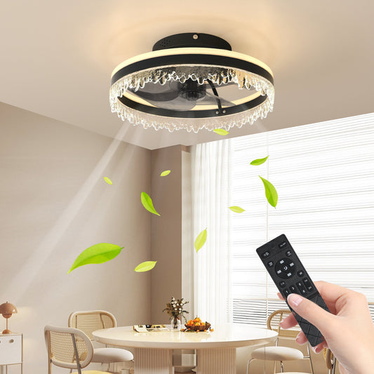 Modern LED Ceiling Fan with Light - 16'' Dimmable Ceiling Light with Invisible Blades and Crystal Design