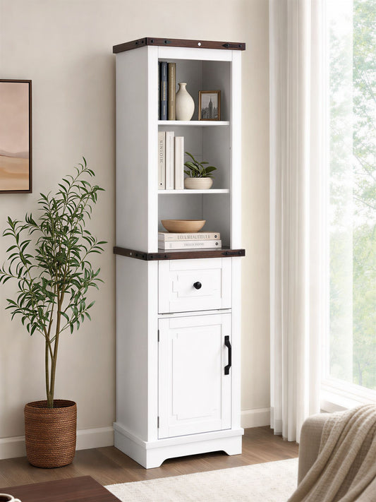 Narrow cabinet, Bathroom Storage Cabinet, Farmhouse Storage Cabinet with Adjustable Shelves & Storage Drawer, Tall Linen Tower – Black