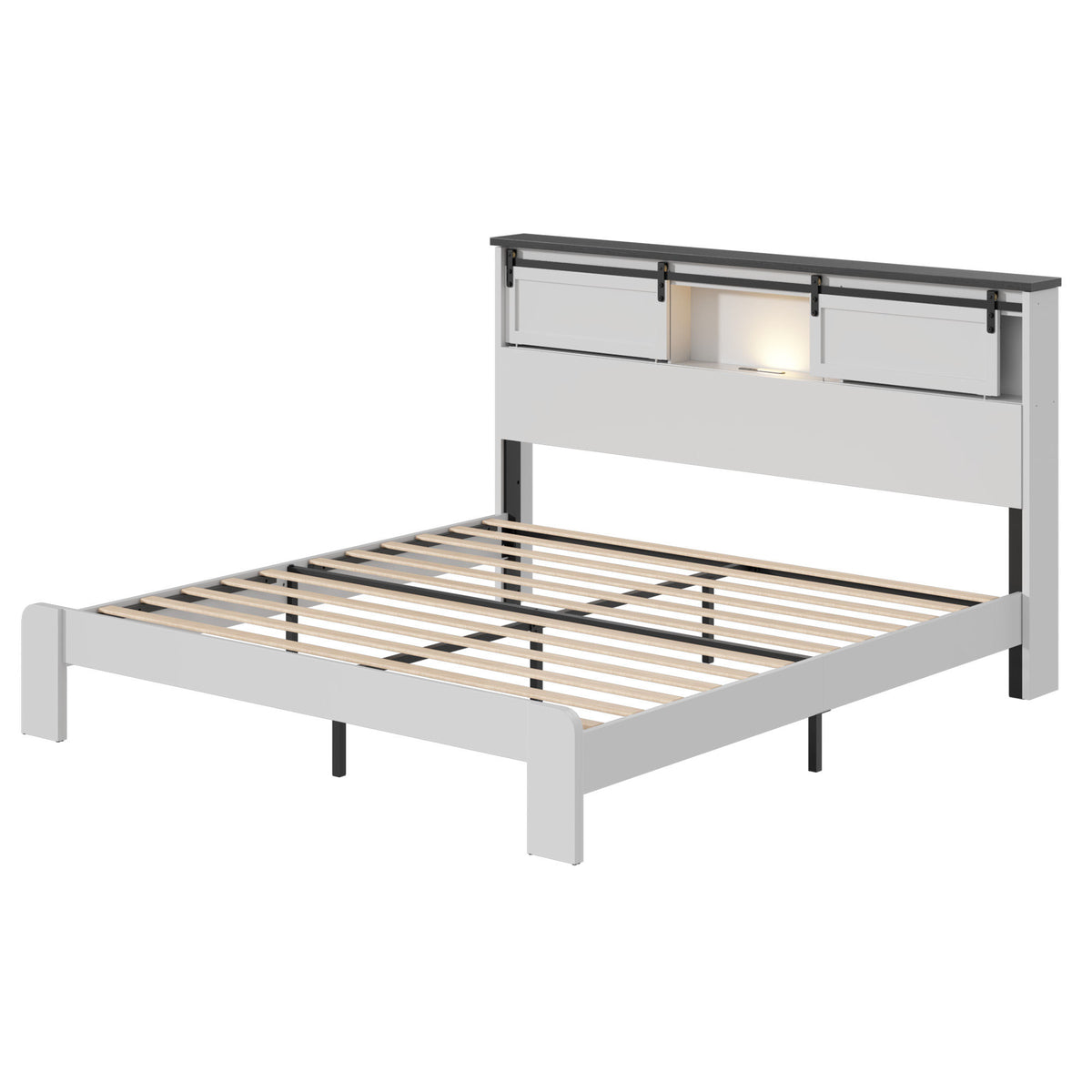 King size bed, metal bed frame with charging station, no need for box spring, (white), no noise, easy to assemble.