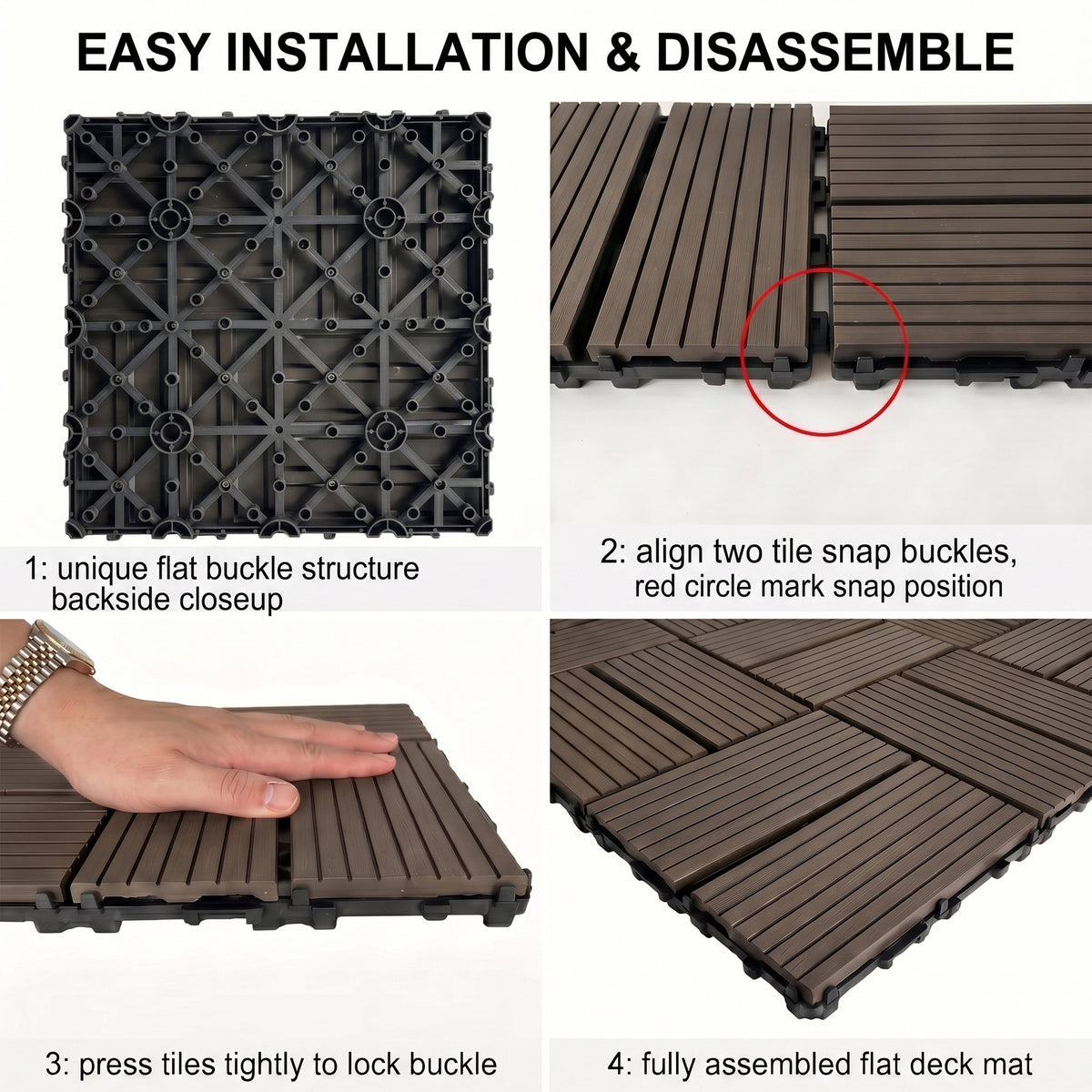 Interlocking WPC Deck Tiles 11.8"x11.8", Wood Plastic Composite Patio Floor Tiles, Waterproof Drainage Outdoor Flooring for Balcony, Backyard, Poolside, 25 Pack,-8 panel,(dark brown)